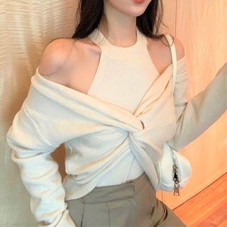 Set: Knit Tank Top + Off-shoulder Twist-front Sweater