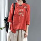 Mandarin Collar 3/4-sleeve Embroidered Linen Blouse