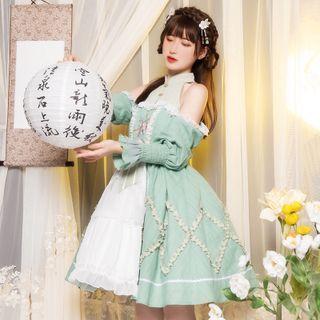 Long-sleeve Cold Shoulder Floral Embroidered Frill Trim A-line Lolita Dress