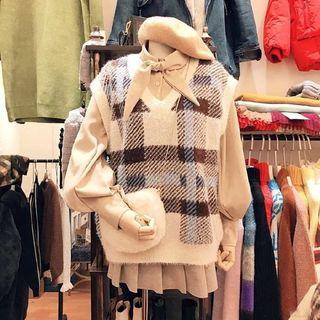 Tie-neck Blouse / V-neck Plaid Knit Vest / Pleated Mini A-line Skirt / Set