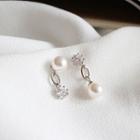 Non-matching 925 Sterling Silver Faux Pearl Rhinestone Dangle Earring Platinum - One Size