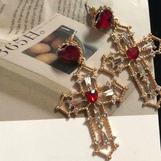 Rhinestone Cross Dangle Earring 994a - Gold - One Size