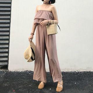 Plain Off-shoulder Chiffon Wide-leg Jumpsuit
