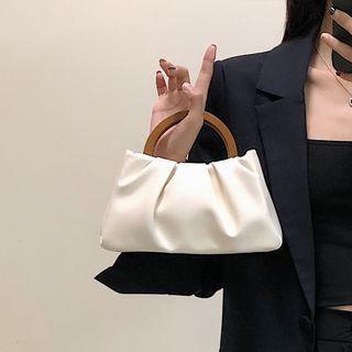 Wooden Handle Ruched Faux Leather Handbag With Adjustable Shoulder Strap - White - One Size