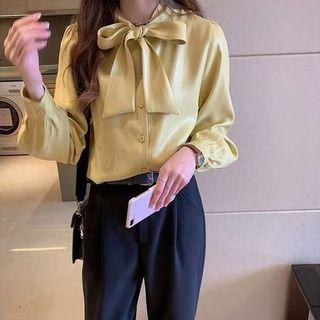 Plain Ribbon-neckline Long-sleeve Blouse
