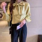 Plain Ribbon-neckline Long-sleeve Blouse