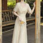 Short-sleeve Flower Embroidered Lace Trim Maxi A-line Dress