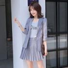 Striped Elbow-sleeve Blazer / Pleated Skirt / Dress Pants / Set