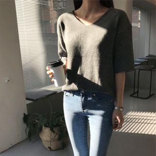 V-neck Elbow-sleeve Wool Blend Sweater