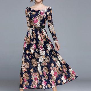 Long-sleeve Maxi Flower Print A-line Dress
