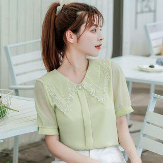 Short-sleeve Peter Pan-collar Lace Panel Plain Chiffon Blouse