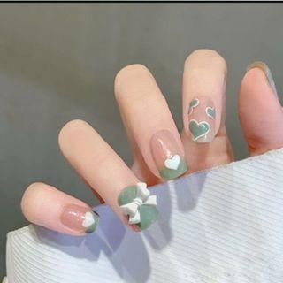 Bow Heart Faux Nail Tips X47 - Pink & Green - One Size