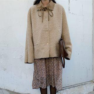 Fluffy Buttoned Jacket / Long-sleeve Floral Print Midi Dress
