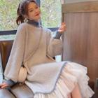 Lantern-sleeve Mesh Hem Midi A-line Sweater Dress