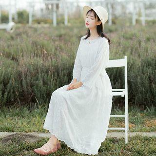 Set: Long-sleeve Embroidered Dress + Strappy Dress