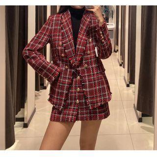 Vintage Long-sleeve Plaid Blazer + Mini Skirt