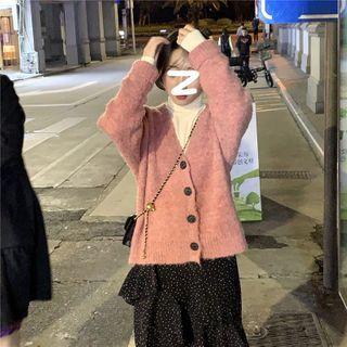 Long-sleeve Plain Knit Cardigan / High-waist Polka Dot Skirt