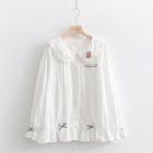 Puff-sleeve Bear Embroidered Bow Blouse White - One Size