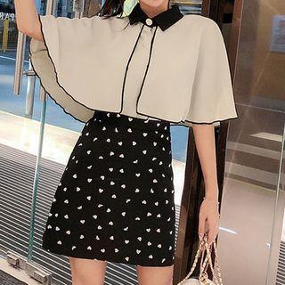 Elbow-sleeve Chiffon Blouse / Heart Print A-line Skirt / Set