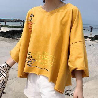 Elbow-sleeve V-neck Print T-shirt