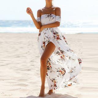 Floral Off-shoulder Slit Maxi A-line Dress
