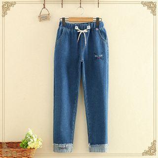 Fleece-lined Cat Printed Jeans