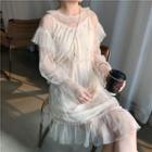 Set: Slipdress + Long-sleeve Sequined Mesh Dress Almond - One Size