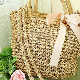 Beribboned Straw Tote With Strap