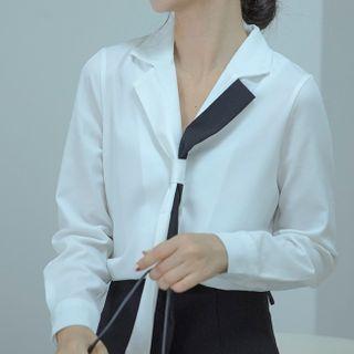 Long-sleeve Open-collar Mock-tie Chiffon Blouse
