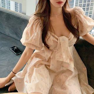 Bow-front Glitter Short-sleeve Mini Dress Dress - Almond - One Size