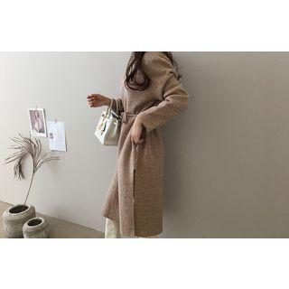 Open-front Wool Blend Long Coat With Sash