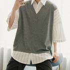 Mock Two-piece Striped Elbow-sleeve Shirt