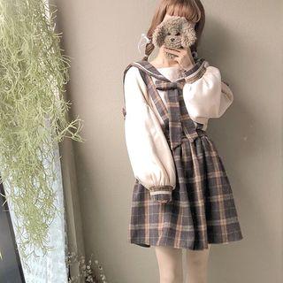 Plaid Neck Ribbon Long-sleeve Top/ Plaid Jumper A-line Skirt/ Plaid Jumper Pants