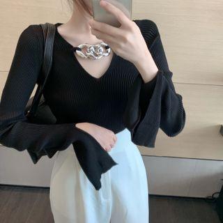 Bell-sleeve Long-sleeve Chain Accent Plain Knit Top Black - One Size