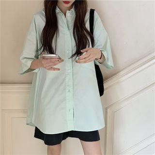 Short-sleeve Plain Shirt Light Mint Green - One Size