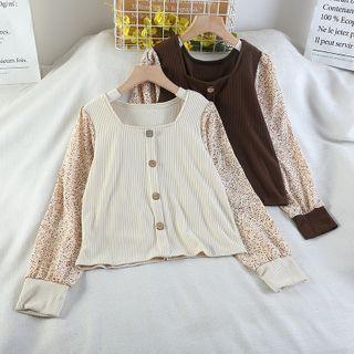 Long-sleeve Square-neck Floral Print Knit Top