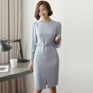 Pleated-sleeve Sheath Dress With Belt