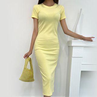 Deep-slit Back Ribbed Long Bodycon Dress