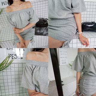 Off-shoulder Drawcord Tube-hem Mini Dress