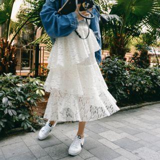Band-waist Lace Tiered Skirt