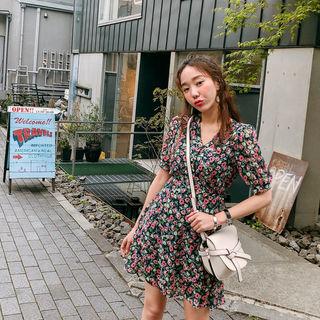 Puff-sleeve Shirtwaist Floral Chiffon Dress