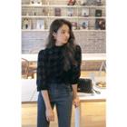 Puff-sleeve Houndstooth Blouse Black - One Size