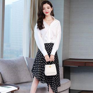 Set: Plain Shirt + Polka Dot Midi A-line Skirt
