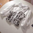 Mock Two-piece Puff-sleeve Floral Print Panel Shirt Gray Floral - White - One Size