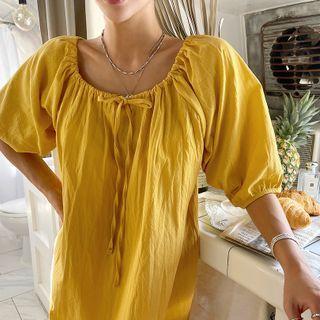 Drawstring-neck Balloon-sleeve Dress
