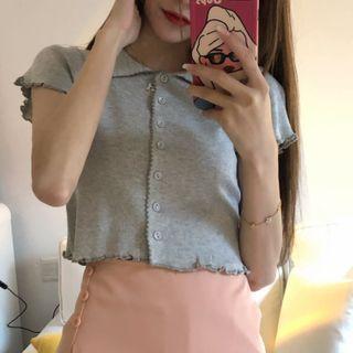 Ruffle Trim Cropped Buttoned Top