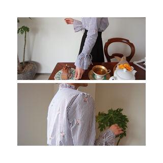 Drawstring-sleeve Mandarin-collar Blouse