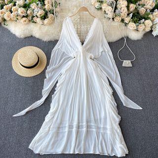Long-sleeve Lace Trim Plunge-neck Midi A-line Dress