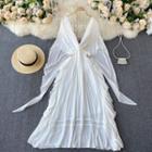 Long-sleeve Lace Trim Plunge-neck Midi A-line Dress