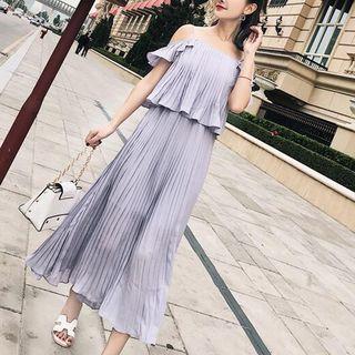 Frilled Short-sleeve Off-shoulder Accordion Chiffon Dress